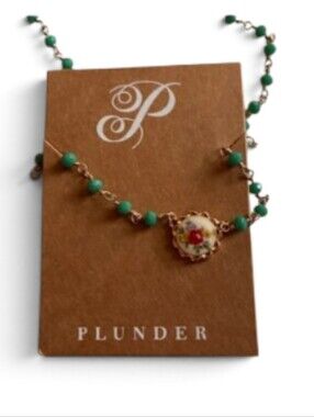 Plunder Gold-Tone Necklace with Green Beads and Floral Medallion